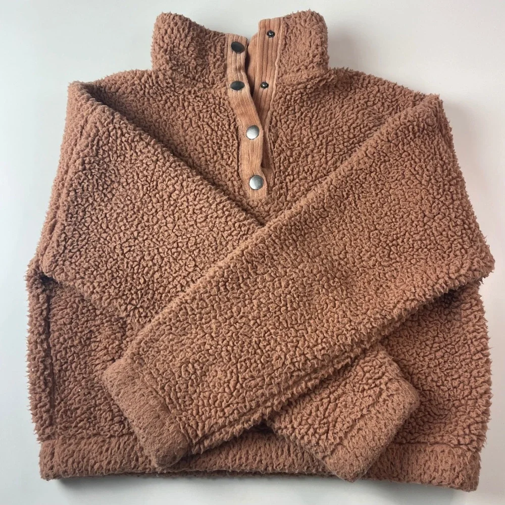 Cozie by Pink Rose Brown Sherpa Fleece Snap Neck Cropped Pullover Sweatshirt S - Picture 6 of 8